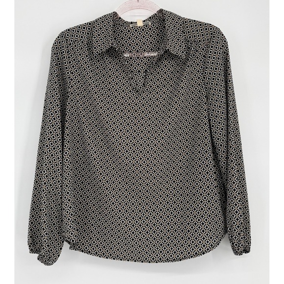 Pleione Tops - Pleione Womens Small Black Geometric Diamond Print V-Neck Blouse Sz S